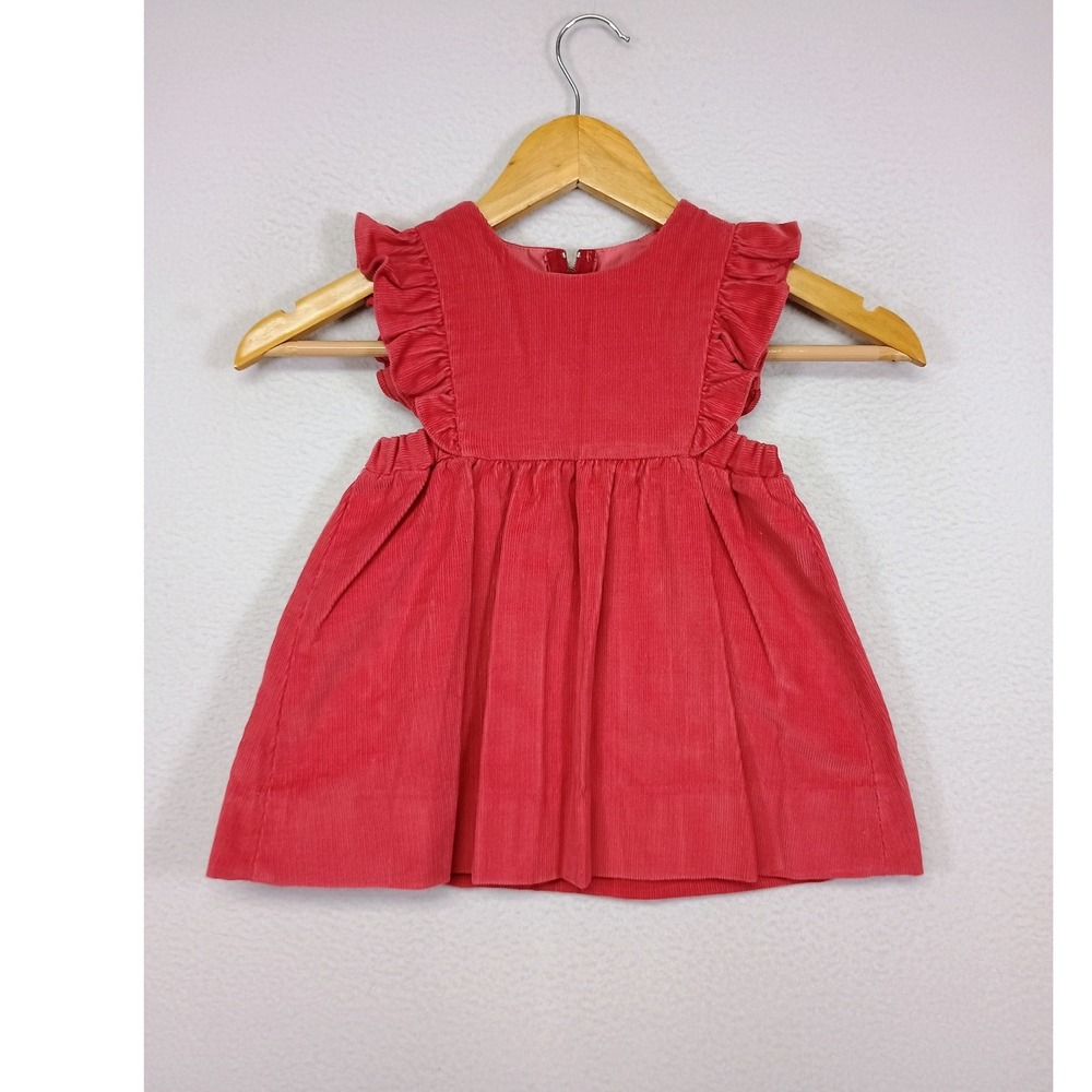 Cottagecore Fischel by Johnston Toddler 3T Red Corduroy Ruffle‎ Pinafore Dress
